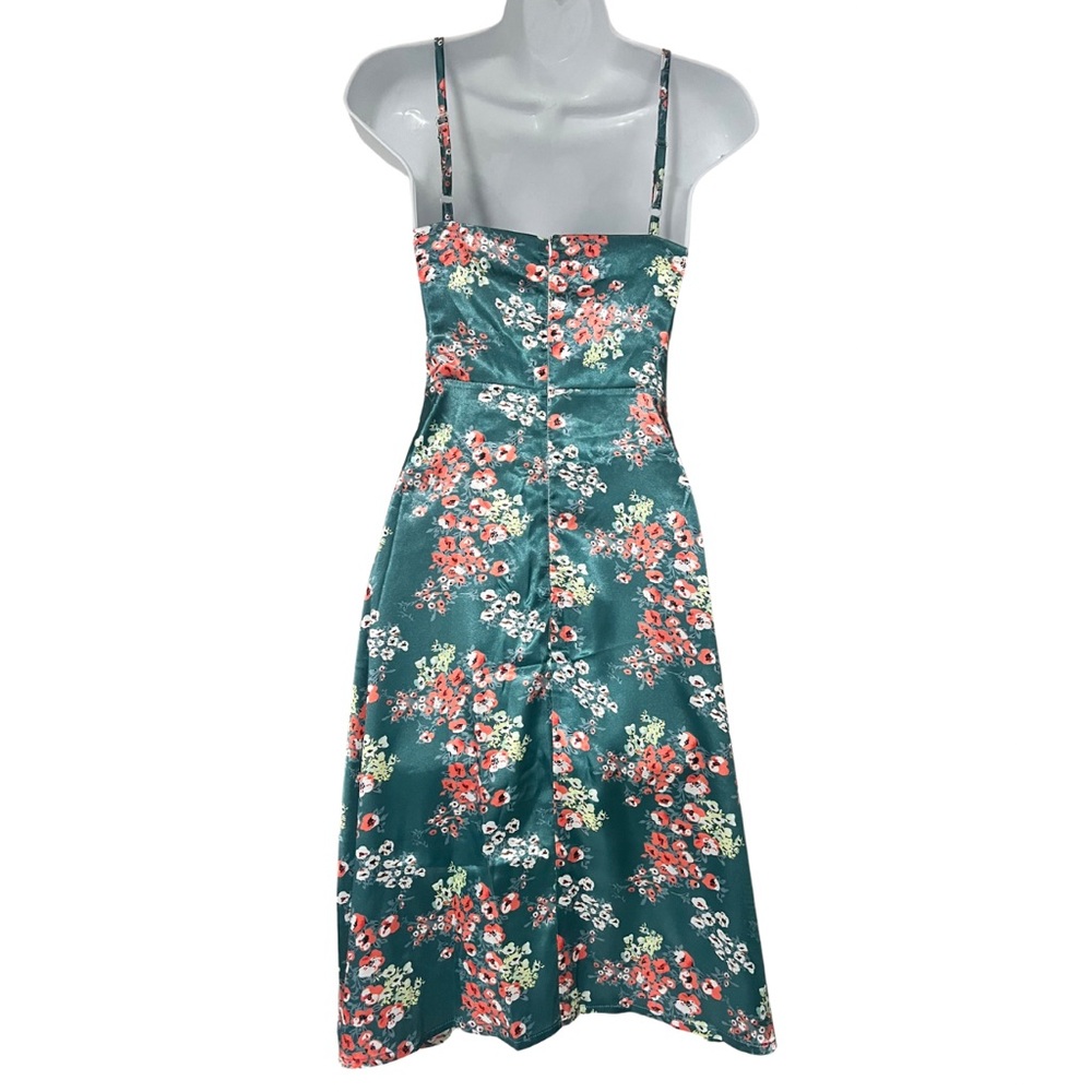 Boho Midi Satin Floral Turquois Slit Dress - Picture 3 of 4